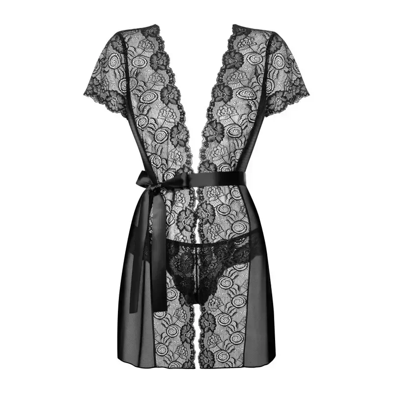 Peignoir transparent noir avec dentelle pour femme